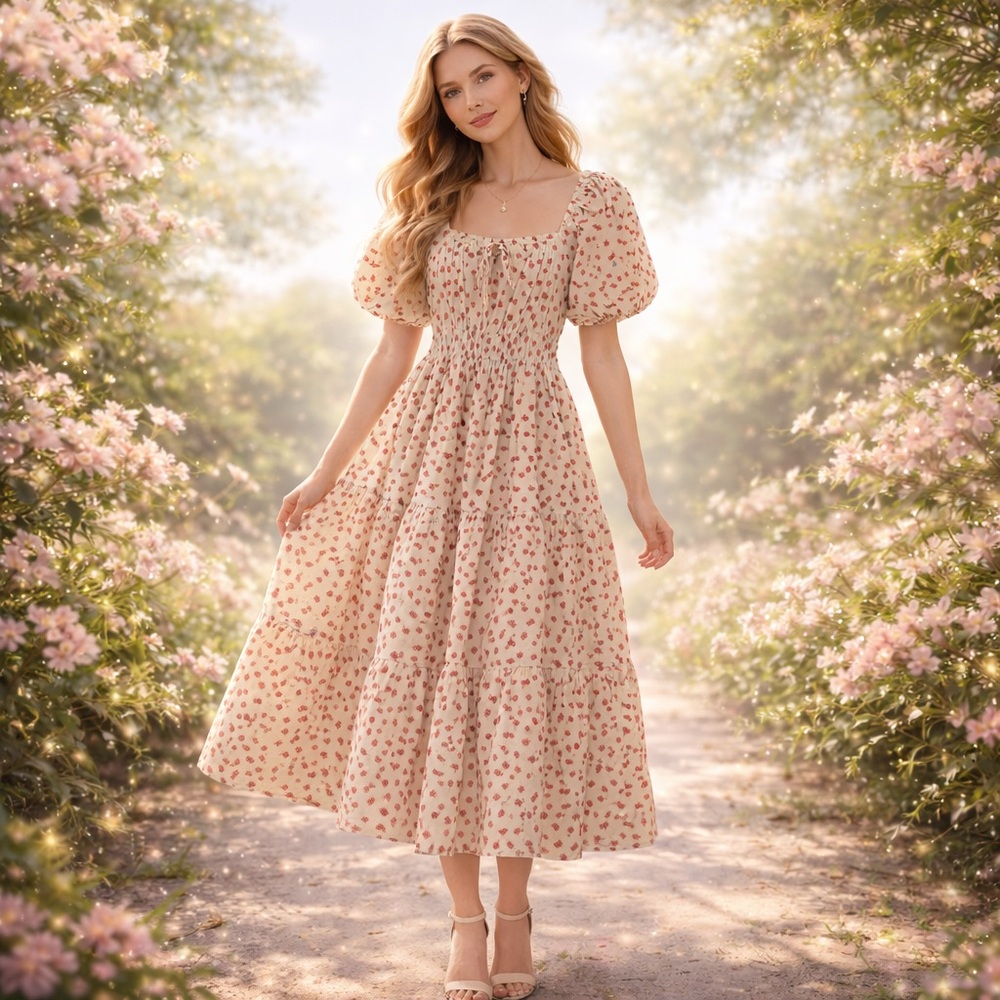 Baevely Floral Prairie Maxi Dress Sz Medium Puff Sleeves Cottagecore Milkmaid
